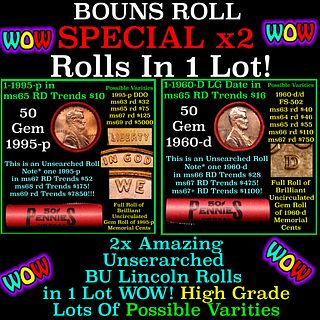 2x BU Shotgun Lincoln 1c rolls, 1995-p & 1960-d 50 pcs Each 100 Coins Total 50c