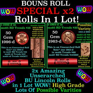 2x BU Shotgun Lincoln 1c rolls, 1996-d & 1963-d 50 pcs Each 100 Coins Total 50c