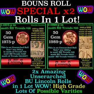 2x BU Shotgun Lincoln 1c rolls, 1975-p & 1989-p 50 pcs Each 100 Coins Total 50c