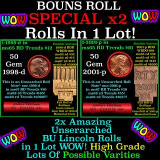 2x BU Shotgun Lincoln 1c rolls, 1998-d & 2001-p 50 pcs Each 100 Coins Total 50c