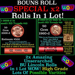 2x BU Shotgun Lincoln 1c rolls, 1960-d & 2008-d 50 pcs Each 100 Coins Total 50c