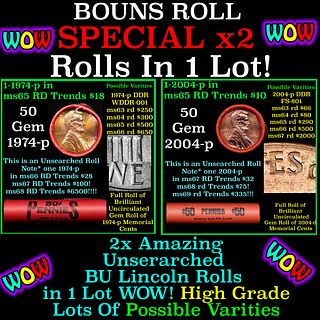 2x BU Shotgun Lincoln 1c rolls, 1974-p & 2004-p 50 pcs Each 100 Coins Total 50c