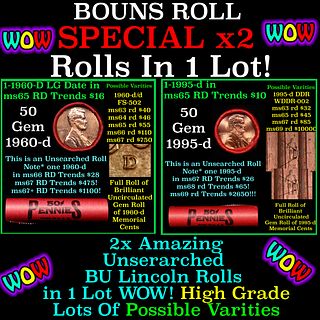 2x BU Shotgun Lincoln 1c rolls, 1960-d & 1995-d 50 pcs Each 100 Coins Total 50c