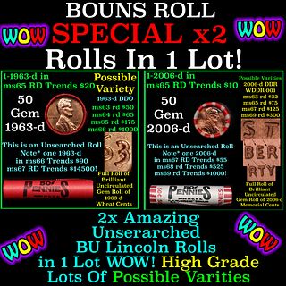 2x BU Shotgun Lincoln 1c rolls, 1963-d & 2006-d 50 pcs Each 100 Coins Total 50c