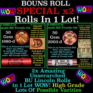 2x BU Shotgun Lincoln 1c rolls, 1980-d & 2003-d 50 pcs Each 100 Coins Total 50c