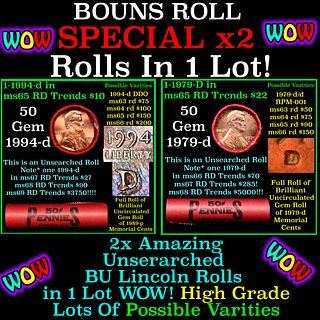 2x BU Shotgun Lincoln 1c rolls, 1994-d & 1979-d 50 pcs Each 100 Coins Total 50c