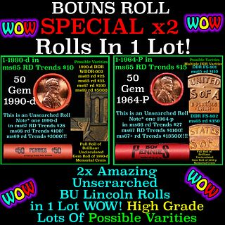 2x BU Shotgun Lincoln 1c rolls, 1990-d & 1964-p 50 pcs Each 100 Coins Total 50c