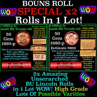 2x BU Shotgun Lincoln 1c rolls, 1995-p & 1980-p 50 pcs Each 100 Coins Total 50c