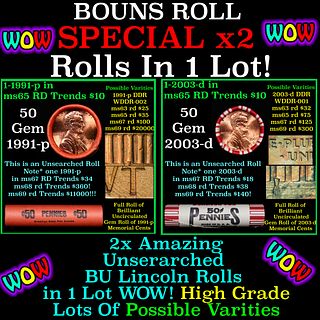 2x BU Shotgun Lincoln 1c rolls, 1991-p & 2003-d 50 pcs Each 100 Coins Total 50c