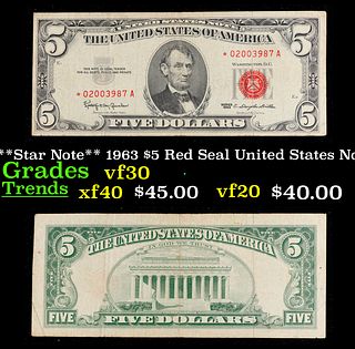 **Star Note** 1963 $5 Red Seal United States Note Grades vf++
