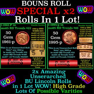 2x BU Shotgun Lincoln 1c rolls, 1961-p & 1995-p 50 pcs Each 100 Coins Total 50c