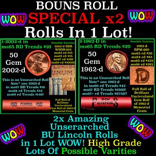 2x BU Shotgun Lincoln 1c rolls, 2002-d & 1962-d 50 pcs Each 100 Coins Total 50c