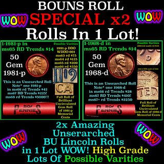 2x BU Shotgun Lincoln 1c rolls, 1981-p & 1968-d 50 pcs Each 100 Coins Total 50c