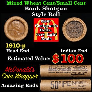 Small Cent Mixed Roll Orig Brandt McDonalds Wrapper, 1910-p Lincoln Wheat end, Indian other end, 50c
