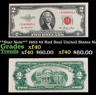 **Star Note** 1953 $2 Red Seal United States Note Grades xf