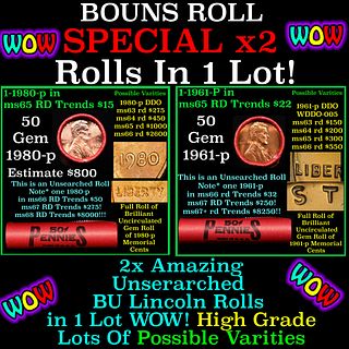 2x BU Shotgun Lincoln 1c rolls, 1980-p & 1961-p 50 pcs Each 100 Coins Total 50c