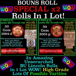 2x BU Shotgun Lincoln 1c rolls, 1994-d & 2001-p 50 pcs Each 100 Coins Total 50c