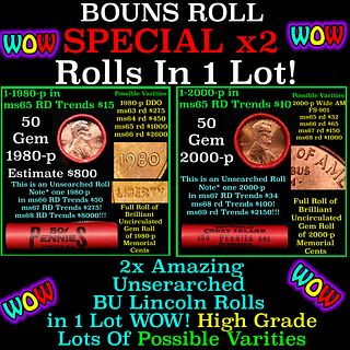 2x BU Shotgun Lincoln 1c rolls, 1980-p & 2000-p 50 pcs Each 100 Coins Total 50c