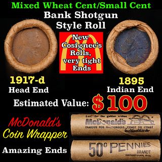 Small Cent Mixed Roll Orig Brandt McDonalds Wrapper, 1917-d Lincoln Wheat end, 1895 Indian other end, 50c