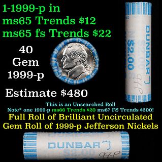 BU Shotgun Jefferson 5c roll, 1999-p 40 pcs Dunbar $2 Nickel Wrapper