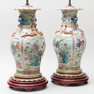 Pair of Chinese Export Rose Medallion Porcelain Vases Mounted as Lamps