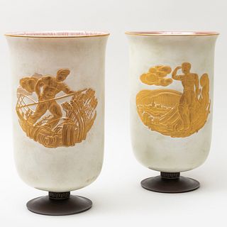 Pair of Adrien Auguste Leduc for Sevres Porcelain Patinated Metal Mounted Vases