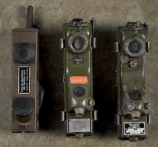 Two WW II U.S. Army Signal Corps. Radio Receiver Transmitter RT-196 walkie talkie field phones,