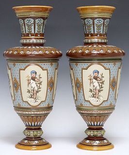 (2) VILLEROY & BOCH METTLACH ETCHED POTTERY VASES NO. 1537