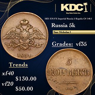 1831 EM FX Imperial Russia 5 Kopeks Ancient C# 140.1 Grades vf++