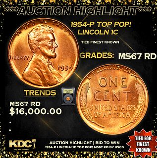 ***Auction Highlight*** 1954-p Lincoln Cent TOP POP! 1c Graded GEM++ Unc RD BY USCG (fc)