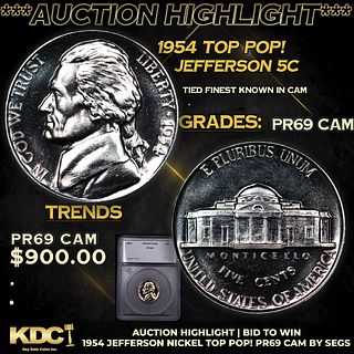 Proof ***Auction Highlight*** 1954 Jefferson Nickel TOP POP! 5c Graded pr69 cam BY SEGS (fc)