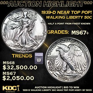***Auction Highlight*** 1939-d Walking Liberty Half Dollar Near Top Pop! 50c Graded ms67+ By SEGS (fc)