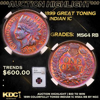 ***Auction Highlight*** NGC 1899 Indian Cent Great Toning 1c Graded ms64 rb BY NGC (fc)