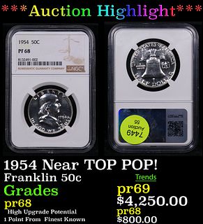Proof ***Auction Highlight*** NGC 1954 Franklin Half Dollar Near Top Pop! 50c Graded pr68 By NGC (fc)