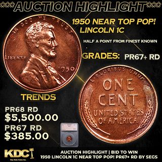 Proof ***Auction Highlight*** 1950 Lincoln Cent Near Top Pop! 1c Graded pr67+ rd BY SEGS (fc)