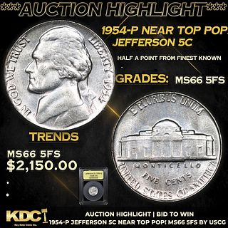 ***Auction Highlight*** 1954-p Jefferson Nickel Near Top Pop! 5c Graded ms66 5fs BY USCG (fc)