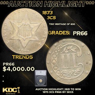 Proof ***Auction Highlight*** 1873 Three Cent Silver 3cs Graded pr66 BY SEGS (fc)