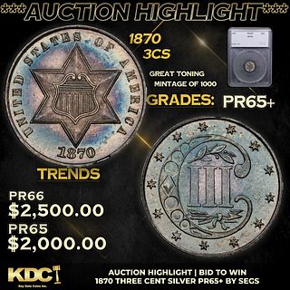 Proof ***Auction Highlight*** 1870 Three Cent Silver 3cs Graded pr65+ By SEGS (fc)