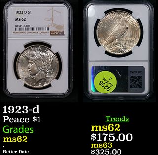 NGC 1923-d Peace Dollar 1 Graded ms62 By NGC