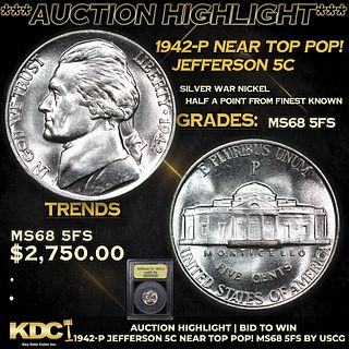 ***Auction Highlight*** 1942-p Jefferson Nickel Near Top Pop! 5c Graded GEM++ 5fs By USCG (fc)