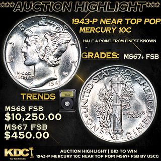 ***Auction Highlight*** 1943-p Mercury Dime Near Top Pop! 10c Grades GEM++ FSB By USCG (fc)