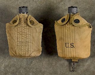Two US cavalry/Airborne canteens with covers, originally designed as M1910 cavalry adapted for Air