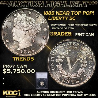 Proof ***Auction Highlight*** 1885 Liberty Nickel Near Top Pop! 5c Graded pr67 cam BY SEGS (fc)