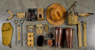 Group of WWI accessories, to include a US marked LF & C 1918 canteen, shaving kit, pair of leather