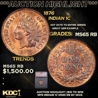 ***Auction Highlight*** 1876 Indian Cent 1c Graded ms65 rb BY SEGS (fc)