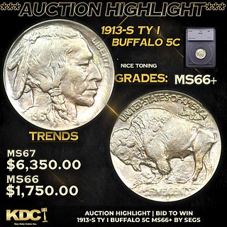 ***Auction Highlight*** 1913-s Ty I Buffalo Nickel 5c Graded ms66+ By SEGS (fc)