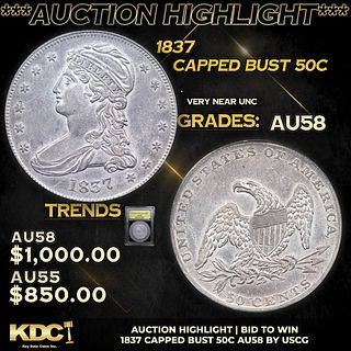 ***Auction Highlight*** 1837 Capped Bust Half Dollar 50c Graded Choice AU/BU Slider By USCG (fc)