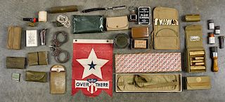 Group of soldier military accessories, to include a straight razor, shaving kits, roll up button c
