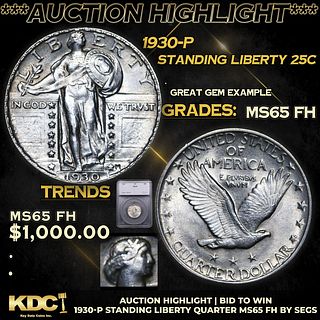 ***Auction Highlight*** 1930-p Standing Liberty Quarter 25c Graded ms65 FH By SEGS (fc)