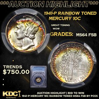***Auction Highlight*** PCGS 1941-p Mercury Dime Rainbow Toned 10c Graded ms64 FSB BY PCGS (fc)
